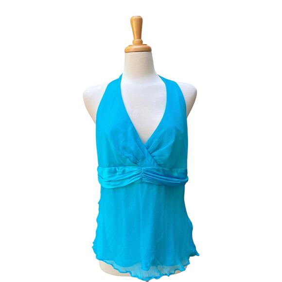 VTG Y2K Silk Halter Top Med/LG Blue Babydoll Ribbon Chiffon V Neck Coquette - Picture 3 of 12